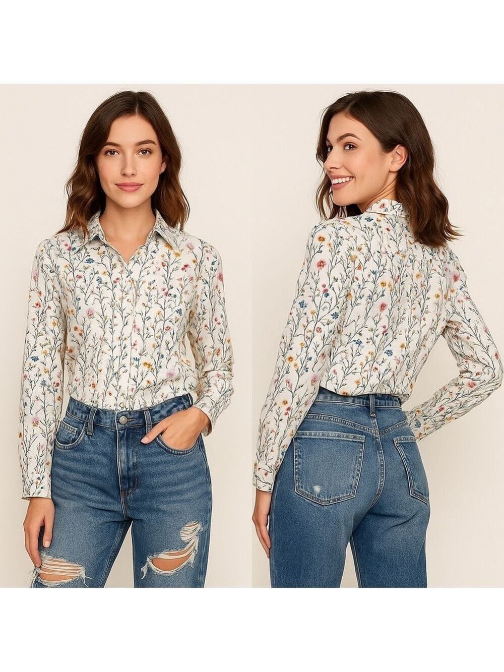 💐 SHEIN Floral Bouquet Button-Up Blouse 🌿 Size S